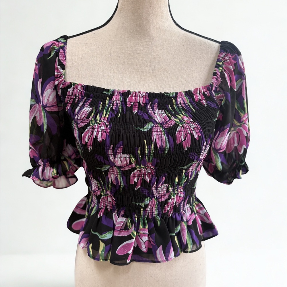 NWT WAYF Black and Purple Floral Smocked Blouse